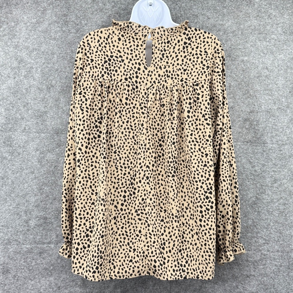 C.D.M. Womens Leopard‎ Print Ruffle Blouse Long Sleeve Size L Beige & Black - Picture 9 of 11